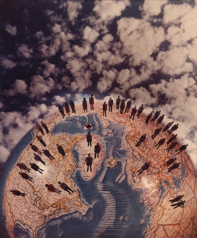 David Attie, Untitled, ​c. 1970. Composite color photo featuring a globe against a background of sky and clouds. Various human figure silhouettes stand on the globe.