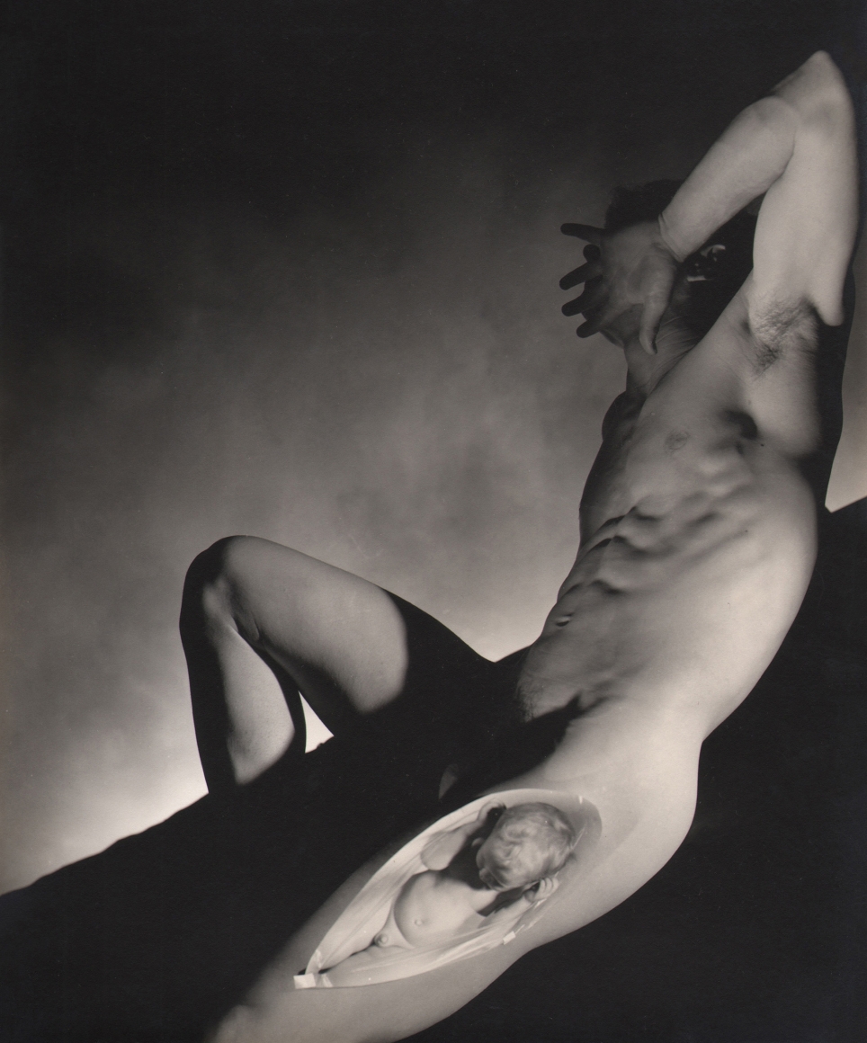 George Platt Lynes, Birth of Dionysus, ​c. 1945. Reclining nude male torso with an infant superimposed on the left thigh.