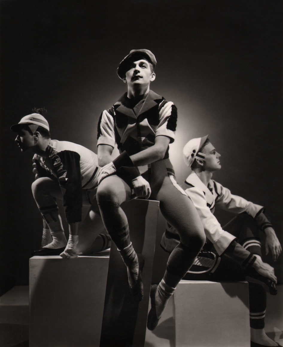 George Platt Lynes, Show Piece, The Ballet Caravan, ​1937. Three male figures pose seated on blocks facing left, forward, and right.