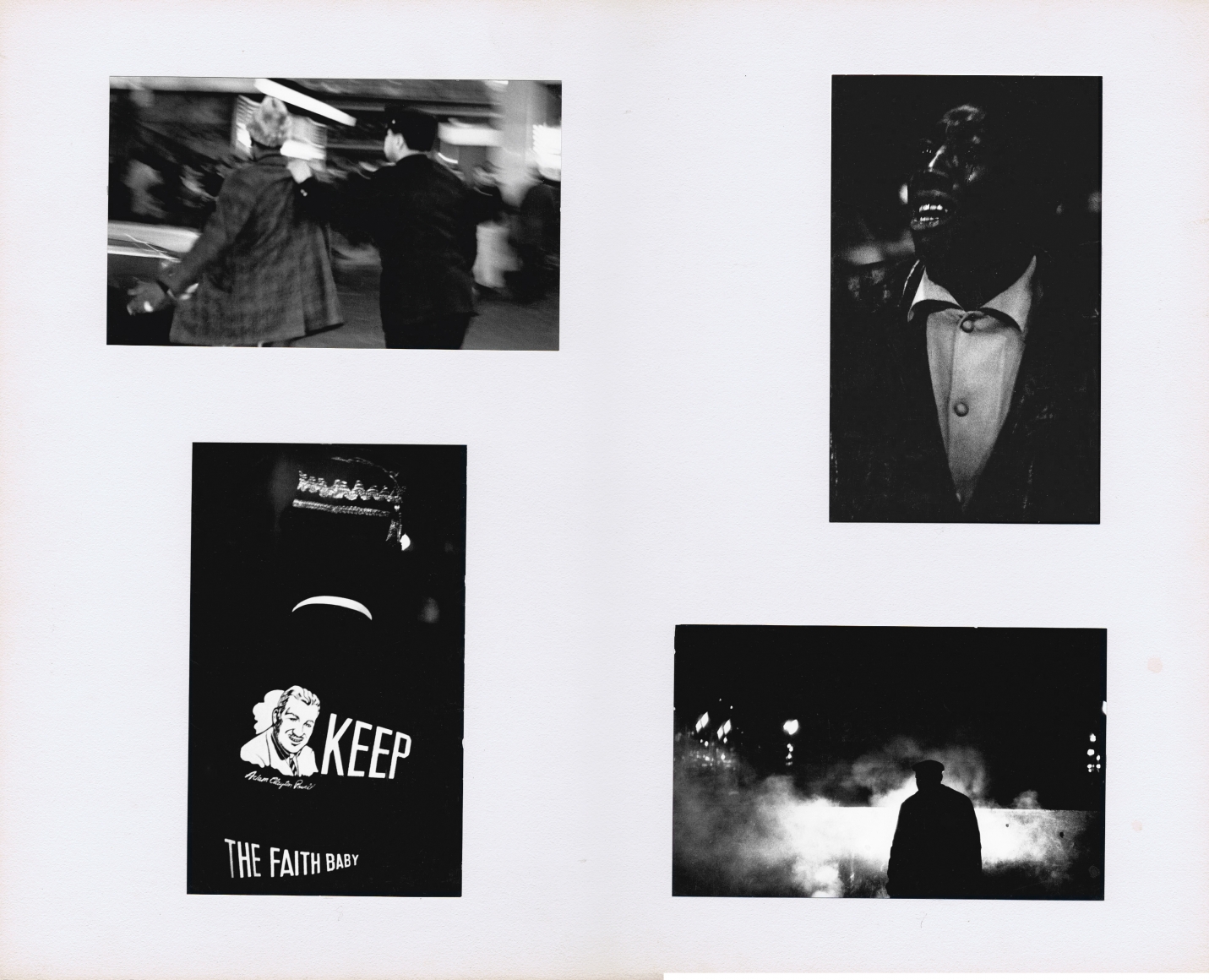 33. Beuford Smith, I Have a Dream: The Assassination of Martin Luther King, Jr., April 5, 1968. Four photographs mounted on white board. Features a man being arrested, a young man crying, a man wearing a jacket that reads "Keep the faith, baby," and a figure silhouetted against clouds of smoke.