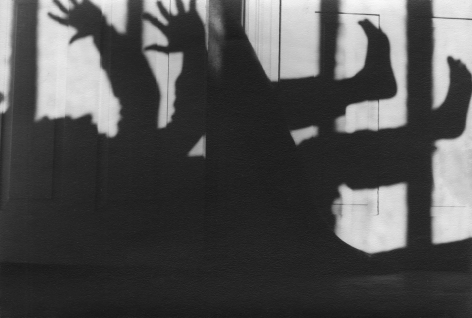 PaJaMa, Silhouettes (The Frenches), Hawthorne House, Provincetown, ​1947. Shadow of a figure laying on its back with arms and legs reaching upward.
