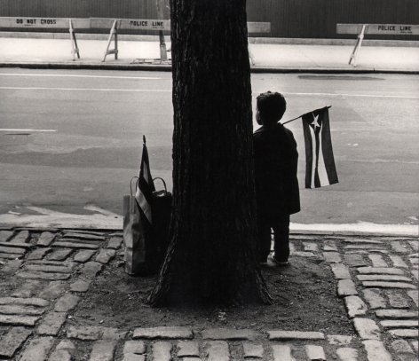 10. Beuford Smith, Boy Holding Flag, ​1966. A young boy stands silhouetted beside a tree trunk, facing the street, a small Puerto Rican flag over his shoulder.