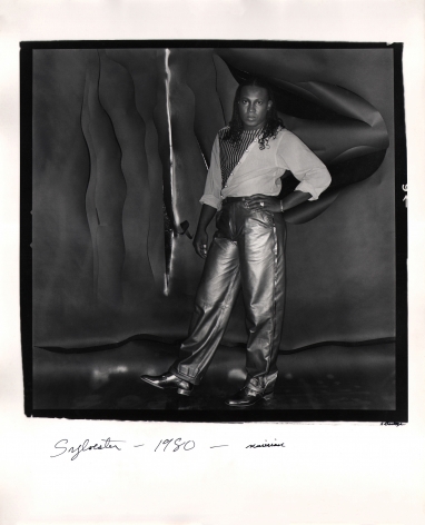 Anthony Barboza, Sylvester - Musician, ​1980. Subject stands right-center of the square frame with one hand on hip, looking to the camera.