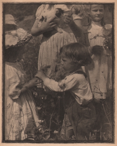 03. Gertrude Käsebier, Happy Days, 1903. Five children playing outdoors amid tall grass and flowers. One child holds a cat.
