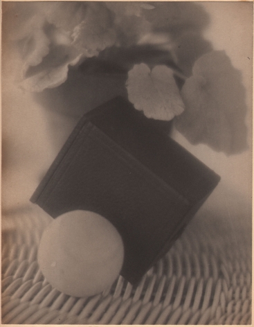 Bernard Shea Horne, Design, 1916–1917. Abstract composition featuring a black cube, a potted plant, and a ball on a woven basket-like surface.