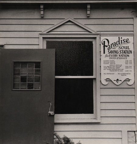 05. Beuford Smith, Paradise Soul, Brooklyn, ​1970. Detail of the window and door of a church marked by a sign: "Paradise Soul Saving Station for Every Nation"