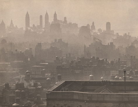 Paul J. Woolf, City Symphony, ​c. 1935. Hazy cityscape with a nearby rooftop in the foreground right and semi-obscured skyscrapers silhouetted in the mid- and background.